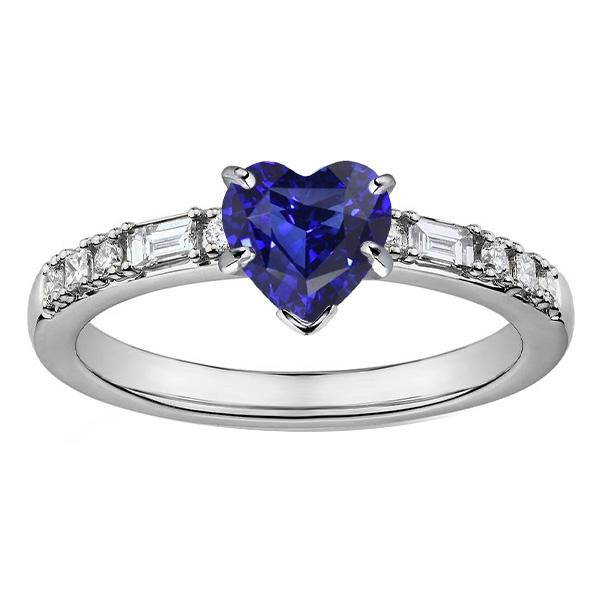 Gemstone Heart Sapphire Ring Baguette & Princess Diamonds 2.50 Carats