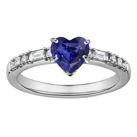 Gemstone Heart Sapphire Ring Baguette & Princess Diamonds 2.50 Carats