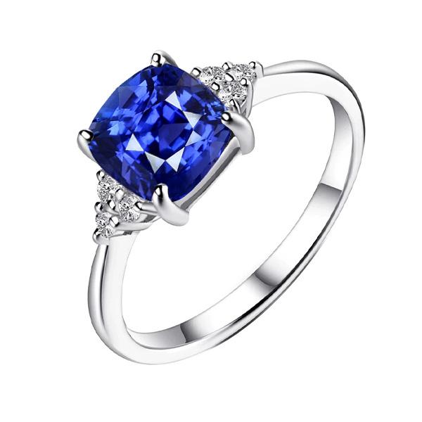 Gemstone Jewelry Cushion Sapphire Ring 2.50 Carats Small Round Diamond