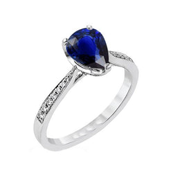 Gemstone Jewellery Ring Pear Deep Blue Sapphire & Natural Earth Mined Diamonds 2.50 Carats