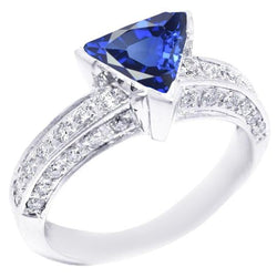 Gemstone Jewelry Trillion Sapphire Ring 3 Carats With Round Diamonds