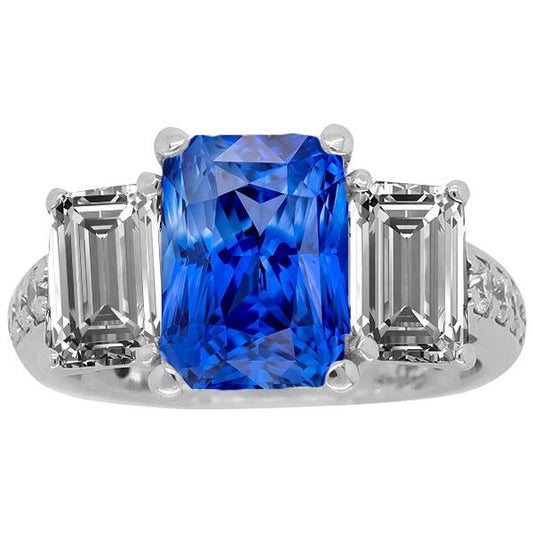 Gemstone Radiant Sapphire Ring 4.50 Carats Emerald & Round Diamonds