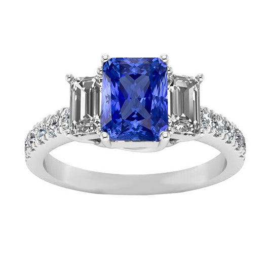 Gemstone Radiant Sapphire Ring Emerald & Round Diamonds 3 Carats