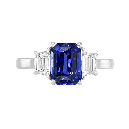 Gemstone Ring Blue Sapphire Emerald & Trapezoid Diamond 2.50 Carats
