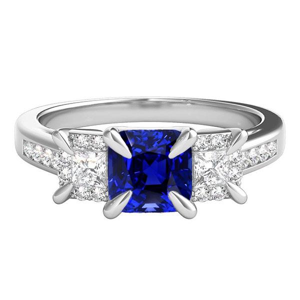 Gemstone Ring Cushion Sapphire Princess Prong Set Diamonds 3.50 Carats