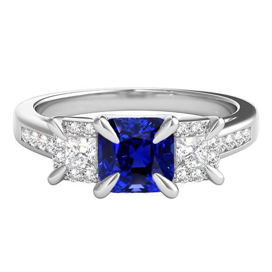 Gemstone Ring Cushion Sapphire Princess Prong Set Diamonds 3.50 Carats