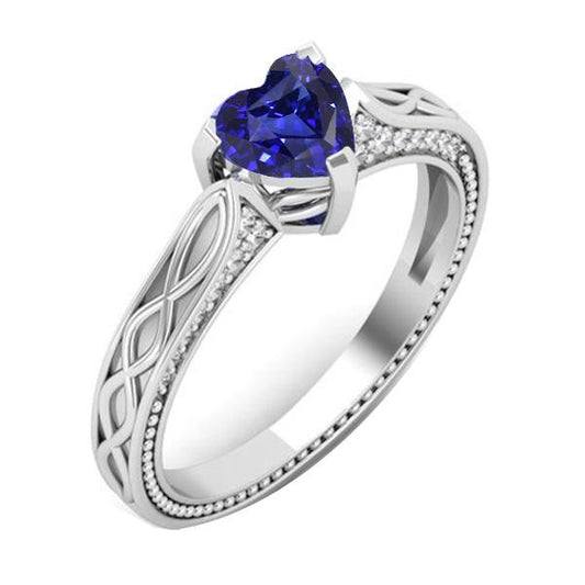 Gemstone Ring Heart Blue Sapphire Antique Style 1.25 Carats Diamonds
