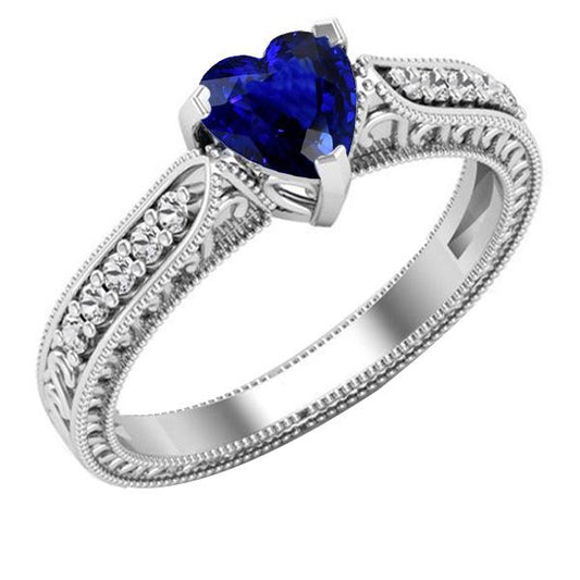 Gemstone Ring Heart Blue Sapphire Jewelry Milgrain Shank 2 Carats