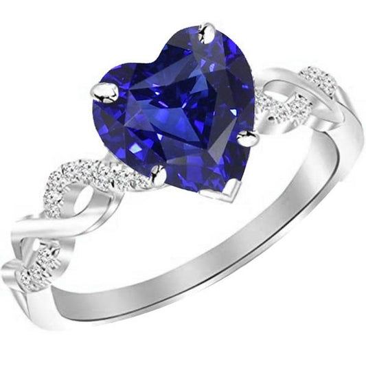 Gemstone Ring Heart Cut Blue Sapphire Infinity Style 4 Carats Diamond