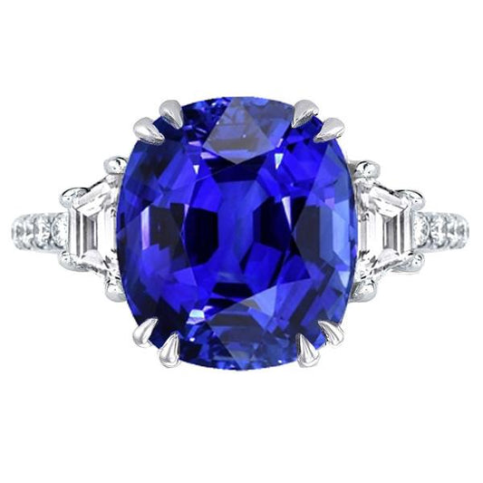 Gemstone Ring Oval Sapphire Trapezoid & Pave Set Diamonds 5.50 Carats