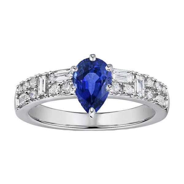 Gemstone Ring Pear Blue Sapphire 3 Carats Marquise & Round Diamonds