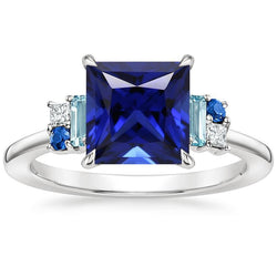 Gemstone Ring Princess Blue Sapphire, Aquamarine & Natural Earth Mined Diamonds 5.50 Carat