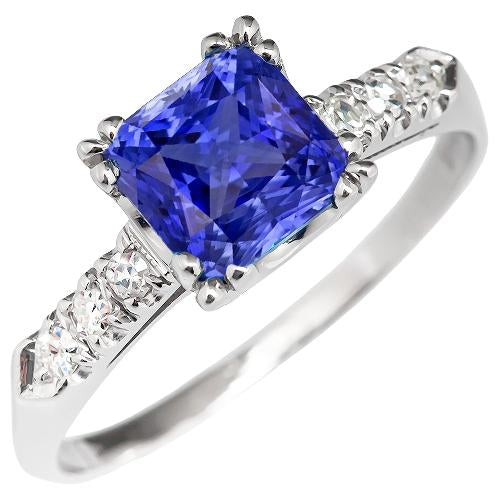 Gemstone Ring Radiant Blue Sapphire Prong Set Diamonds 2.50 Carats