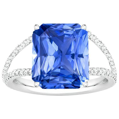 Gemstone Ring Radiant Blue Sapphire Split Shank Round Diamond 5 Carats