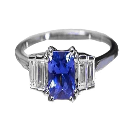 Gemstone Ring Radiant Cut Ceylon Sapphire & Baguette Diamonds 3 Carats