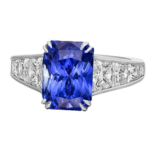 Gemstone Ring Radiant Sapphire Channel Set Trapezoid Diamonds 5 carats