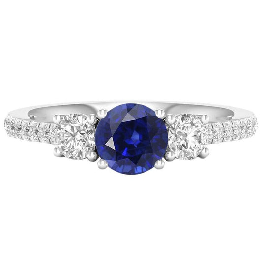 Gemstone Round Sapphire Ring 3 Stone Style Diamonds 6.50 Carats Gold