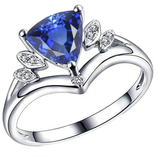 Gemstone Sapphire Fancy Ring 2 Carats Trillion Cut 14K Gold Jewelry