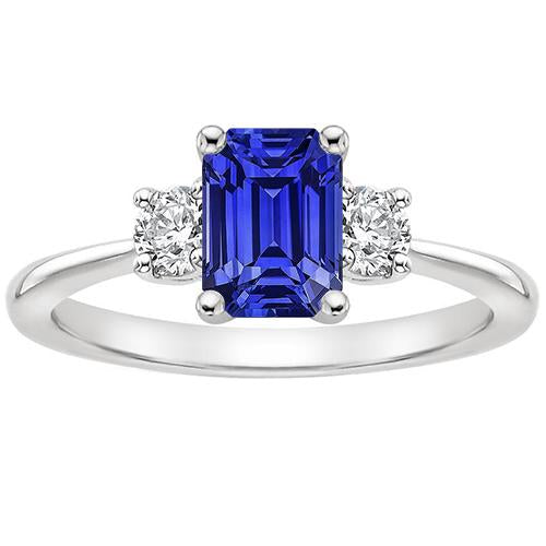 Gemstone Three Stone Ring Round Diamond & Ceylon Sapphire 3.50 Carats