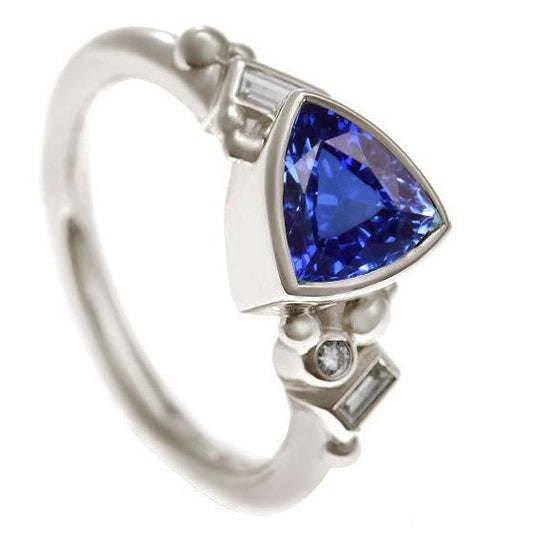 Gemstone Trillion Bezel Set Blue Sapphire Ring 2 Carats Baguette Diamonds