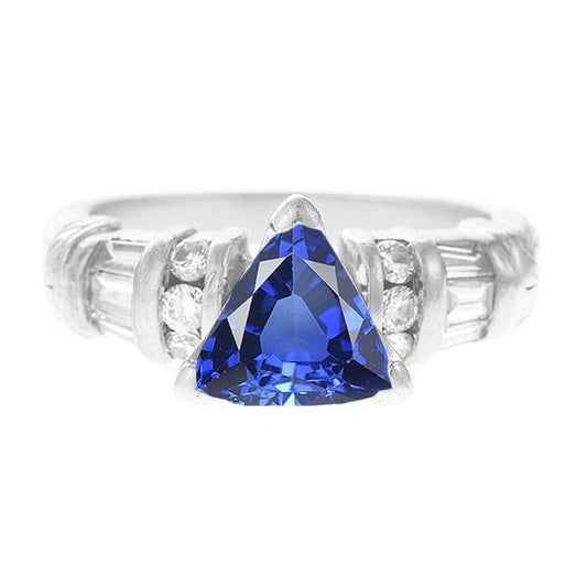 Gemstone Trillion Sapphire Ring Baguette & Round Diamonds 2.50 Carats