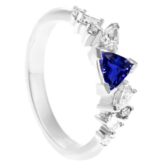 Gemstone Trillion V Prong Blue Sapphire & Diamond Ring 1 Carat
