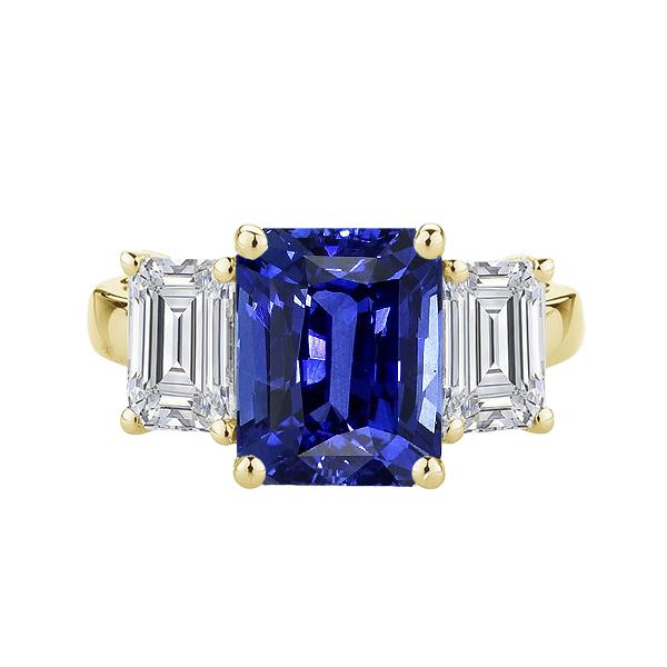 Gold 3 Stone Blue Sapphire Radiant & Emerald Diamond Ring 3.50 Carats