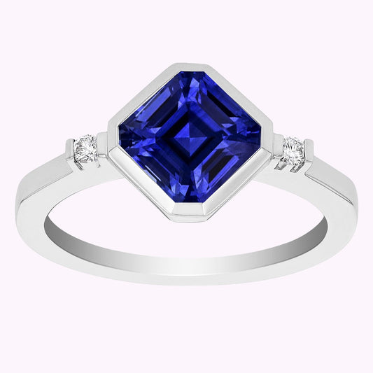 Gold 3 Stone Diamond Asscher Sapphire Ring 2.75 Carats Bezel & Bar Set