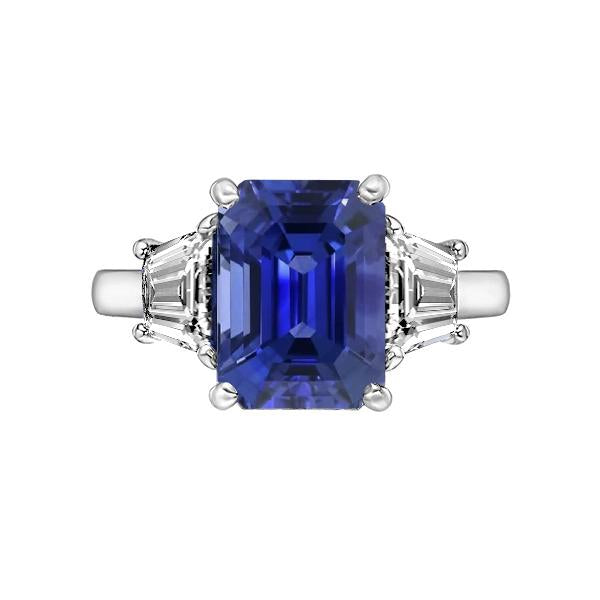 Gold 3 Stone Emerald Ring Blue Sapphire & Trapezoid Diamonds 4 Carats