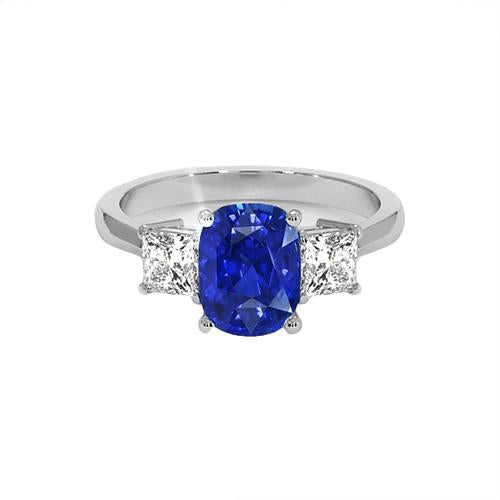 Gold 3 Stone Ring Cushion Blue Sapphire & Princess Diamond 6.50 Carats