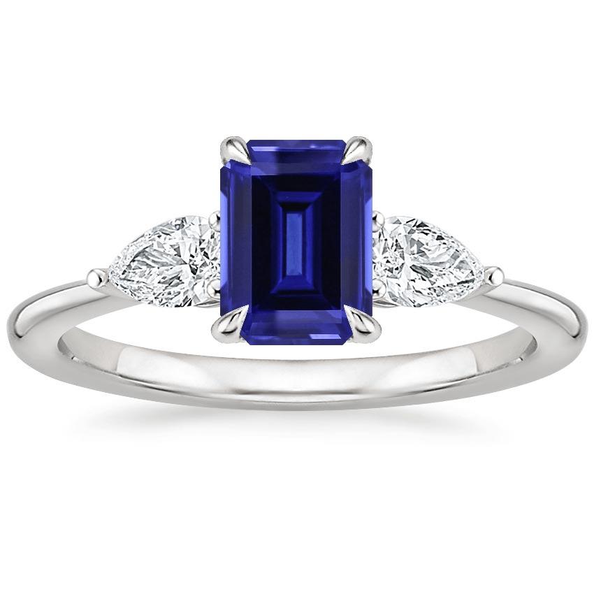 Gold 3 Stone Ring Emerald Cut Blue Sapphire & Pear Diamond 3.50 Carats