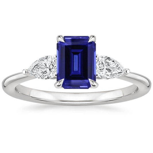 Gold 3 Stone Ring Emerald Cut Blue Sapphire & Pear Diamond 3.50 Carats