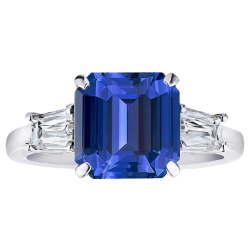 Gold Anniversary Ring 3 Carats Emerald Cut Blue Sapphire & Baguettes