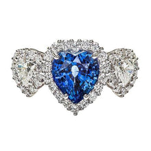 Gold Anniversary Ring 7 Carats Heart Cut Blue Sapphire & Halo Diamonds