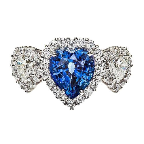 Gold Anniversary Ring 7 Carats Heart Cut Blue Sapphire & Halo Diamonds