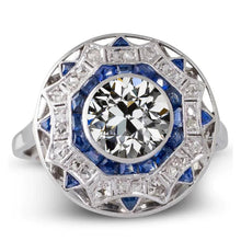 Gold Art Deco Jewelry New Halo Ring Blue Sapphire & Old Cut Diamond Star Style