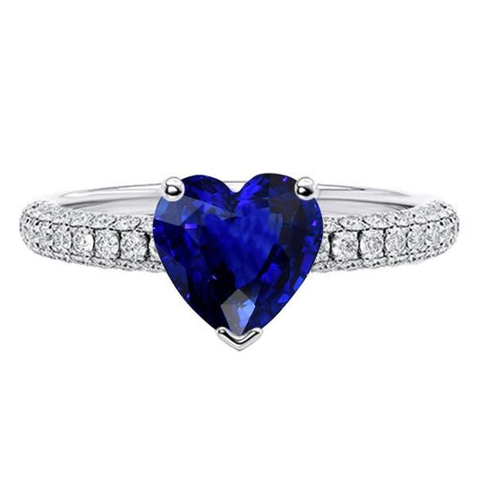 Gold Blue Sapphire Gemstone Ring 4 Carats Multi Row Pave Set Diamonds