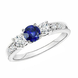 Gold Diamond Anniversary Ring Round Ceylon Sapphire & Diamond 2 Carats