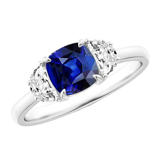 Gold Diamond Half Moon & Cushion Ceylon Sapphire 3 Stone Ring 3 Carats