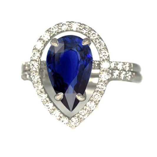 Gold Diamond Halo Wedding Ring Set Pear Blue Sapphire Center 4 Carats