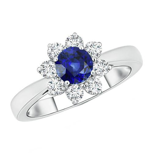 Gold Diamond Jewelry Flower Style Halo Round Ceylon Sapphire 3 Carats