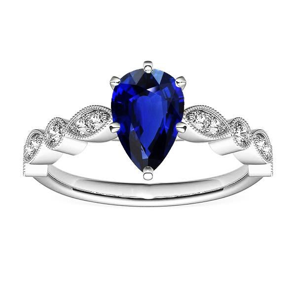 Gold Diamond Ring Pear Antique Style Srilankan Sapphire 2.50 Carats