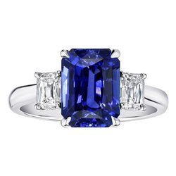 Gold Emerald 3 Stone Blue Sapphire & Diamond Ring 3 Carats
