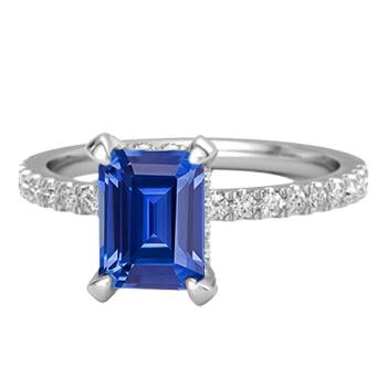 Gold Engagement Ring Emerald Blue Sapphire & Pave Diamonds 2.50 Carats