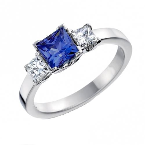 Gold Gemstone Princess Blue Sapphire & Diamond 3 Stone Ring 5 Carats