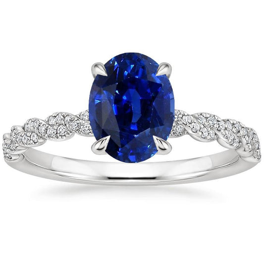 Gold Gemstone Ring Oval Blue Sapphire & Pave Set Diamonds 3.50 Carats