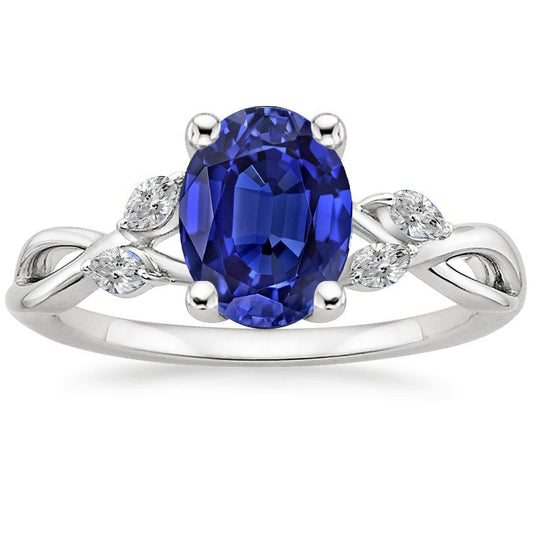 Gold Gemstone Ring Oval Blue Sapphire With Marquise Accents 4 Carats