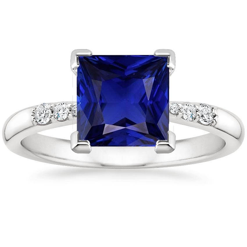 Gold Gemstone Ring With Accents Princess Cut Blue Sapphire 5.25 Carats