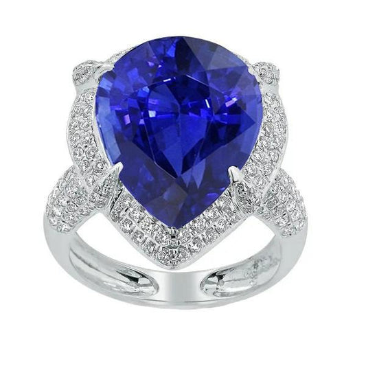 Gold Halo Blue Ceylon Sapphire Ring Pear Cut & Round Diamonds 5 Carats