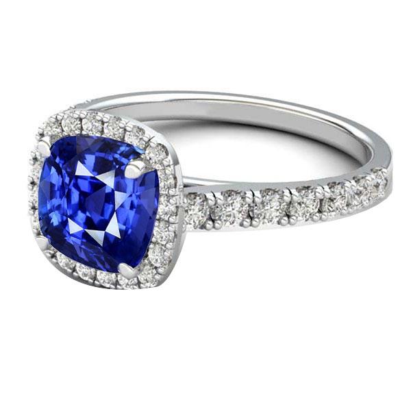 Gold Halo Cushion Sapphire Ring Prong Accents Diamonds 3.50 Carats